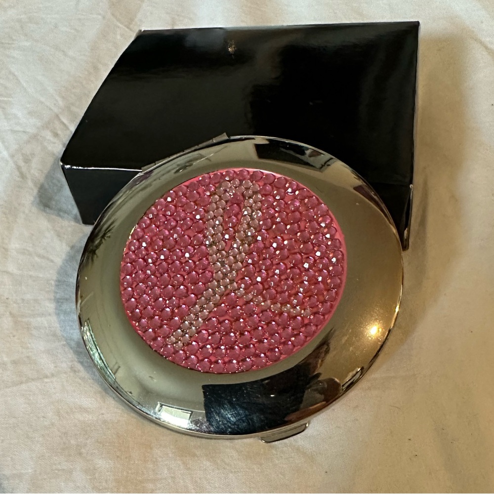 Pink Bejeweled Compact Mirror with the Pink ribbon for breast cancer